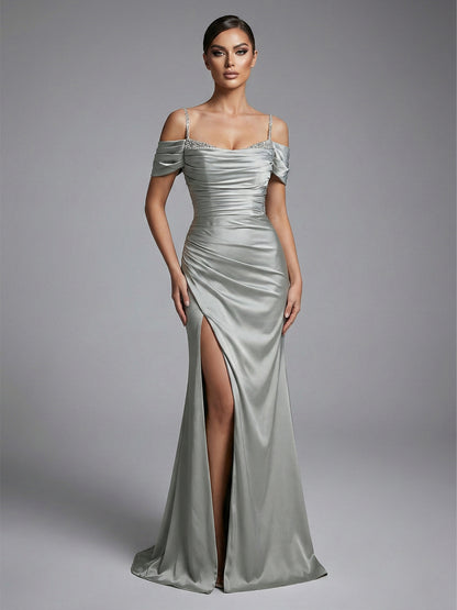 Elegant Sage Green Off-the-Shoulder Ruched Evening Gown with Beaded Straps & High Slit MC20043-3