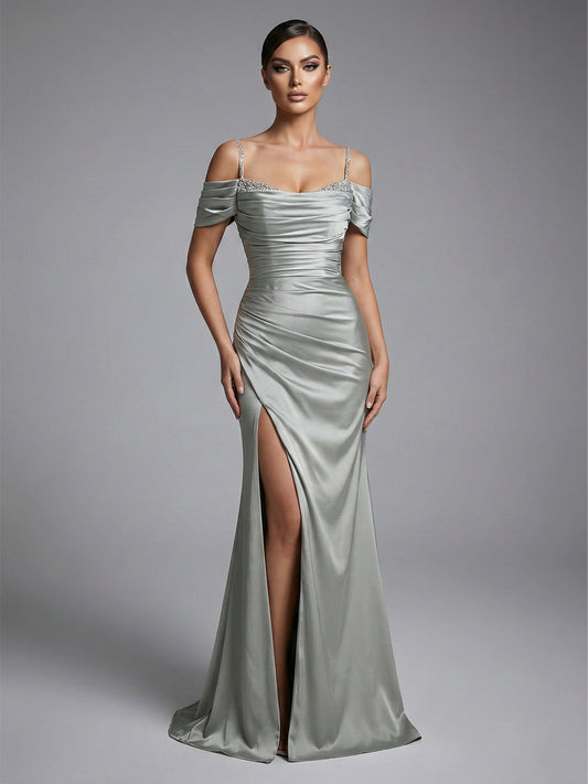 Elegant Sage Green Off-the-Shoulder Ruched Evening Gown with Beaded Straps & High Slit MC20043-3