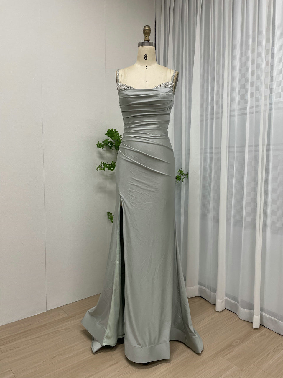 Light Green Ruched Satin Prom Dress with Beaded Straps & High Slit MC20043-4