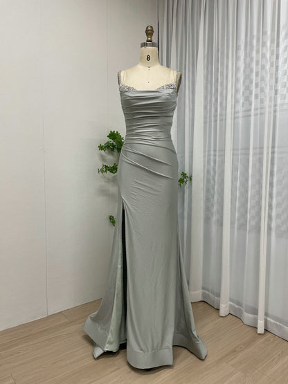 Light Green Ruched Satin Prom Dress with Beaded Straps & High Slit MC20043-4