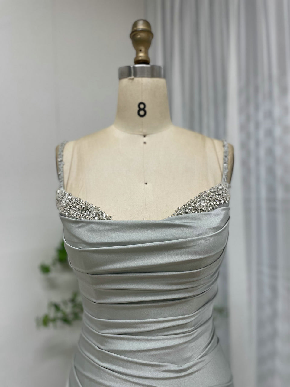 Light Green Ruched Satin Prom Dress with Beaded Straps & High Slit MC20043-4