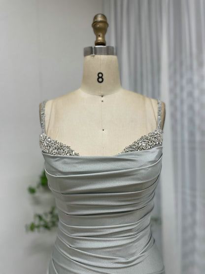 Light Green Ruched Satin Prom Dress with Beaded Straps & High Slit MC20043-4