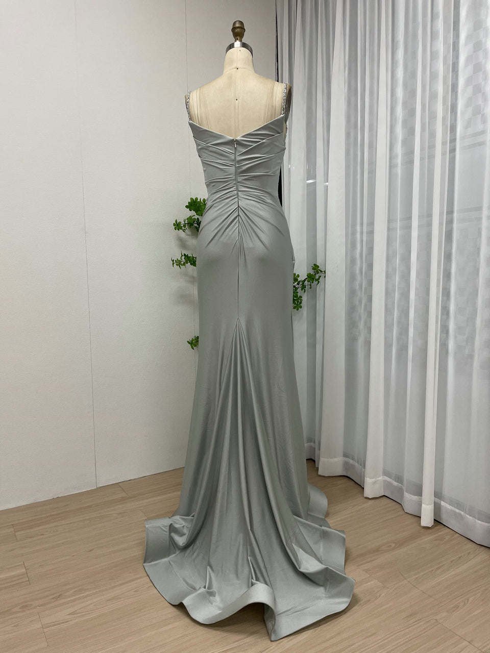 Light Green Ruched Satin Prom Dress with Beaded Straps & High Slit MC20043-4