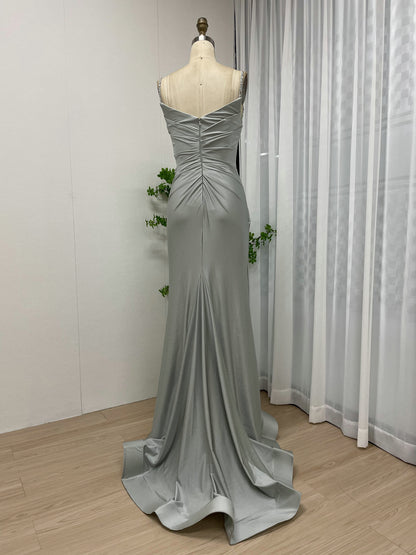Light Green Ruched Satin Prom Dress with Beaded Straps & High Slit MC20043-4