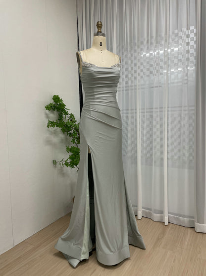 Light Green Ruched Satin Prom Dress with Beaded Straps & High Slit MC20043-4