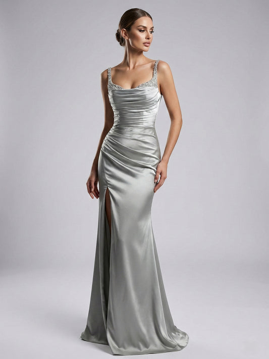 Light Green Ruched Satin Prom Dress with Beaded Straps & High Slit MC20043-4