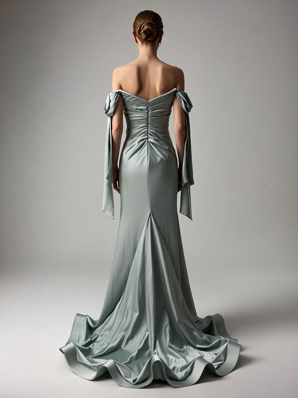 Off-the-Shoulder Blue Satin Evening Gown with Slit & Bow Sleeves MC20043