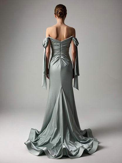 Off-the-Shoulder Blue Satin Evening Gown with Slit & Bow Sleeves MC20043