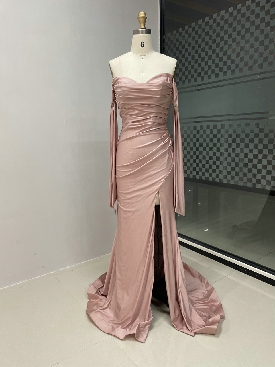 Off-the-Shoulder Blue Satin Evening Gown with Slit & Bow Sleeves MC20043