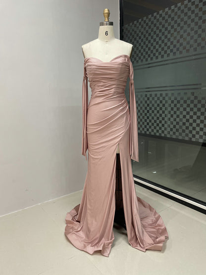 Off-the-Shoulder Blue Satin Evening Gown with Slit & Bow Sleeves MC20043