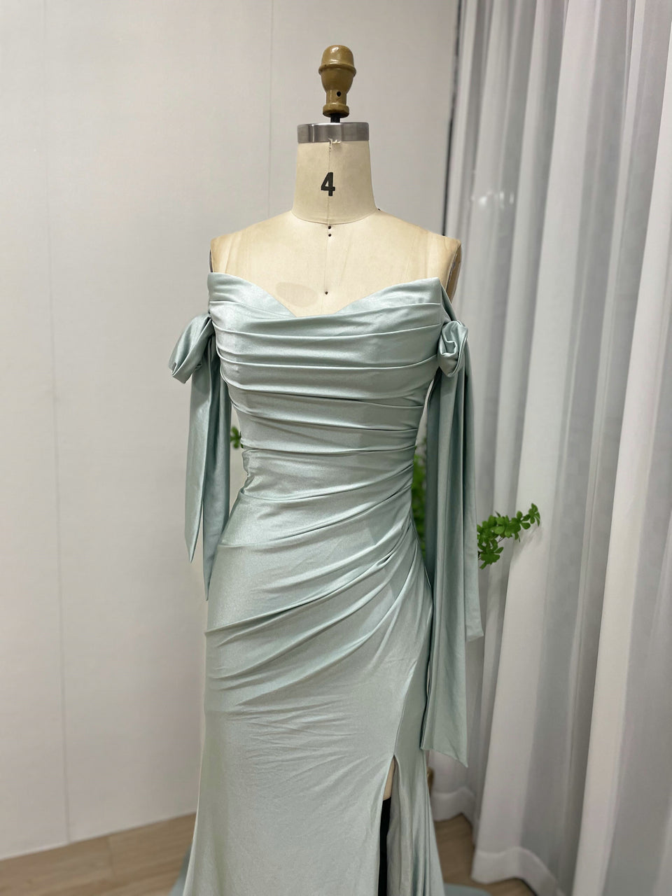 Off-the-Shoulder Blue Satin Evening Gown with Slit & Bow Sleeves MC20043