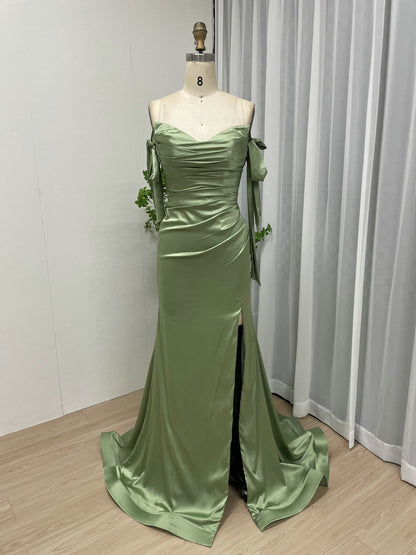 Off-the-Shoulder Blue Satin Evening Gown with Slit & Bow Sleeves MC20043