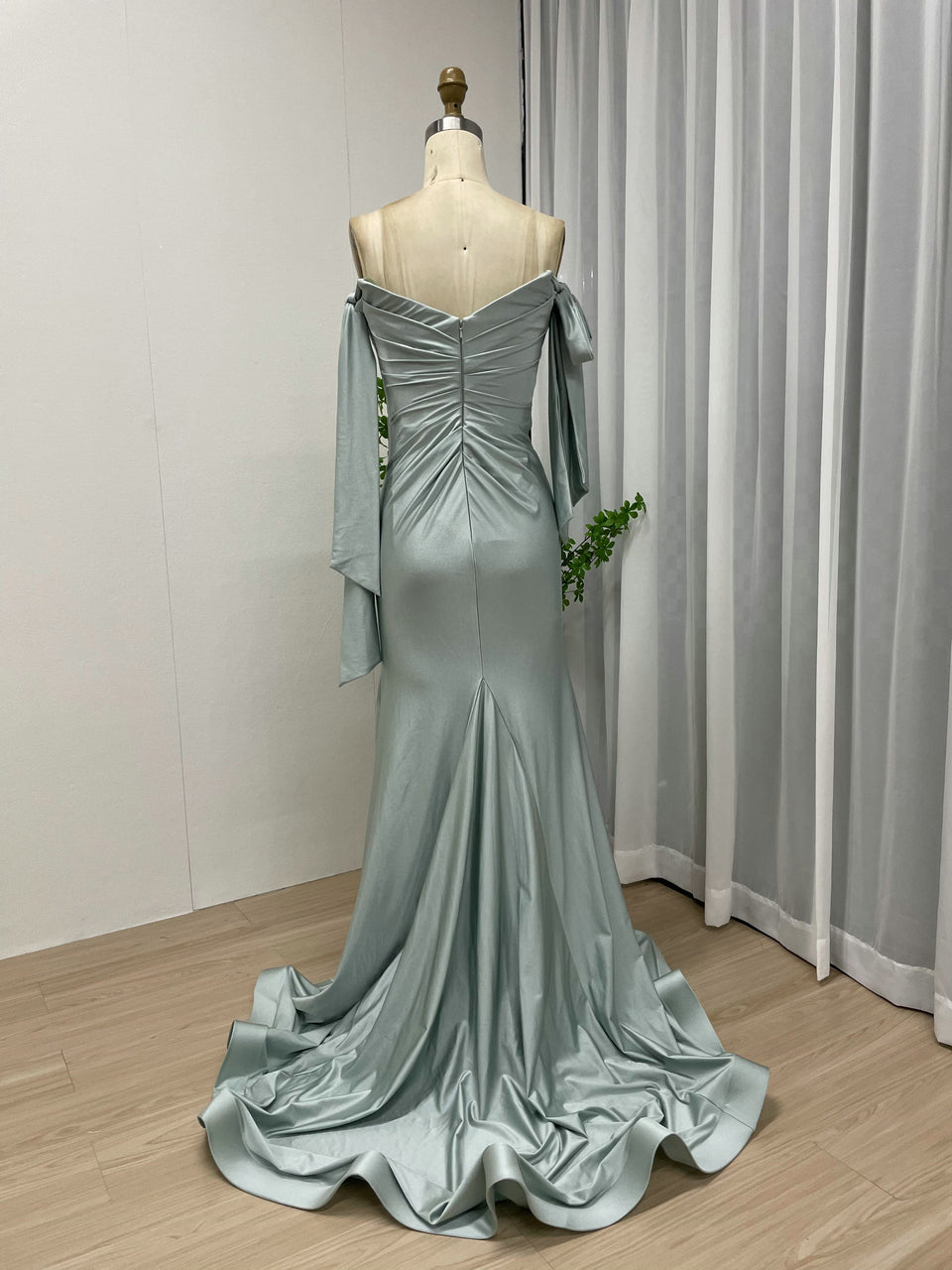 Off-the-Shoulder Blue Satin Evening Gown with Slit & Bow Sleeves MC20043