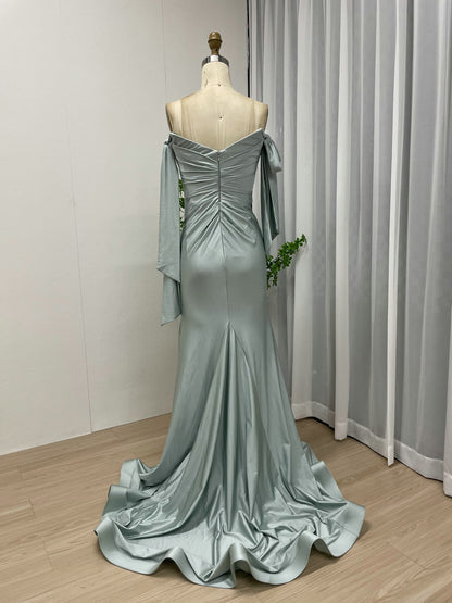 Off-the-Shoulder Blue Satin Evening Gown with Slit & Bow Sleeves MC20043