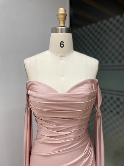 Off-the-Shoulder Blue Satin Evening Gown with Slit & Bow Sleeves MC20043