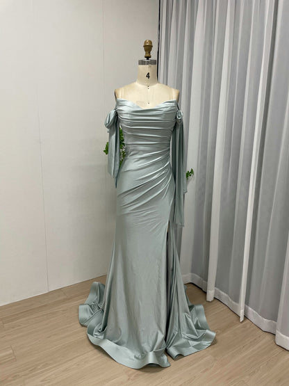 Off-the-Shoulder Blue Satin Evening Gown with Slit & Bow Sleeves MC20043