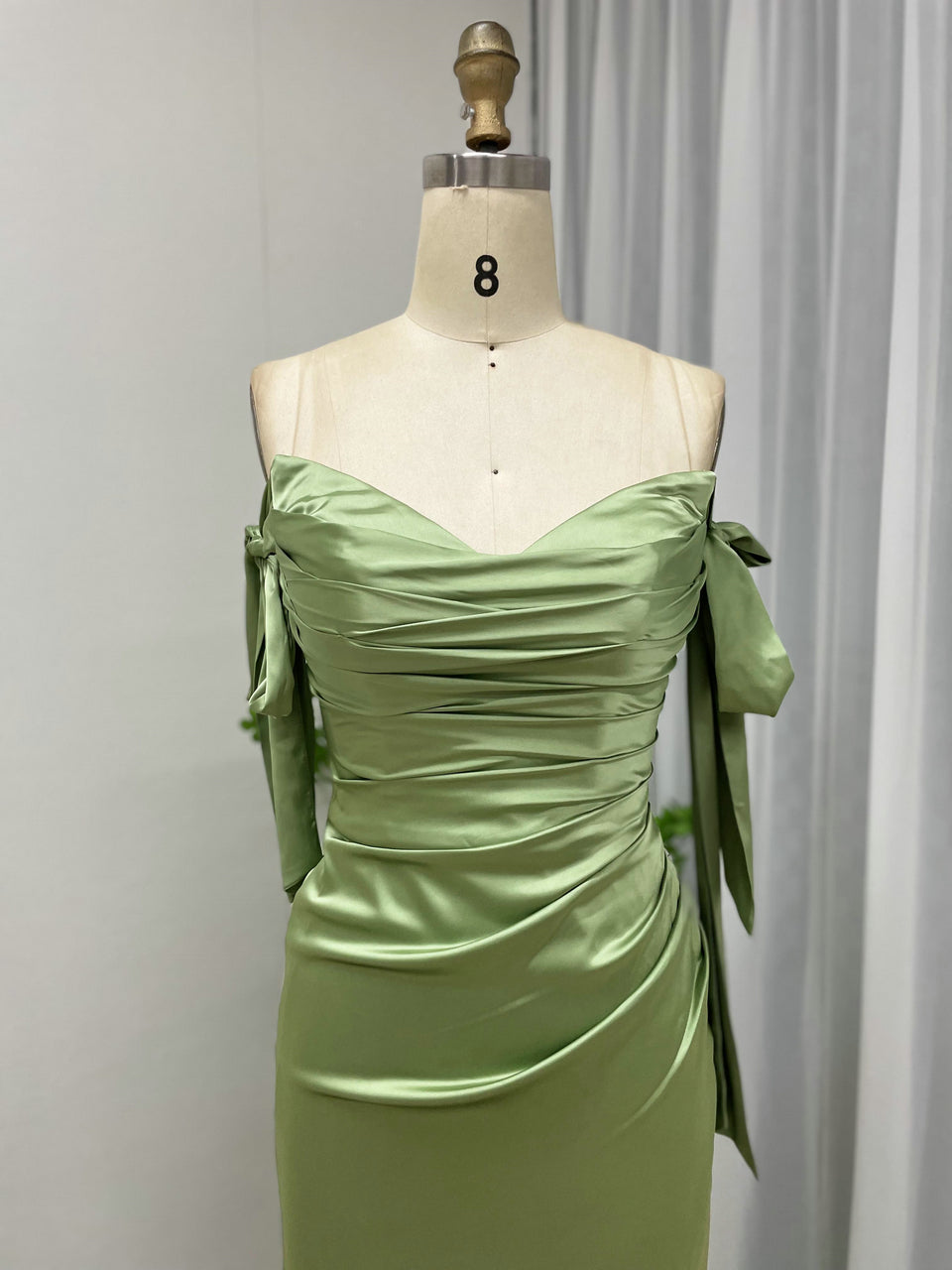 Off-the-Shoulder Blue Satin Evening Gown with Slit & Bow Sleeves MC20043