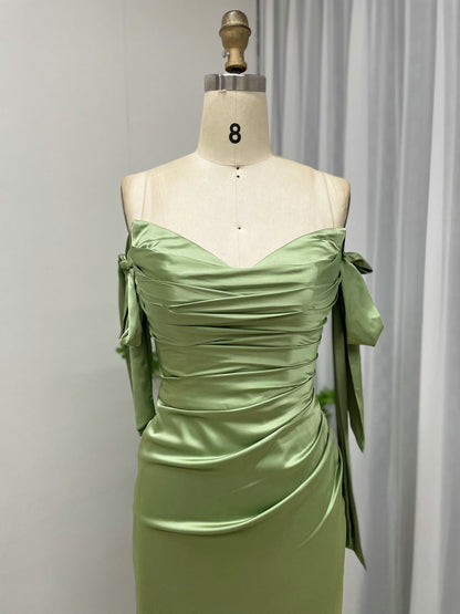 Off-the-Shoulder Blue Satin Evening Gown with Slit & Bow Sleeves MC20043