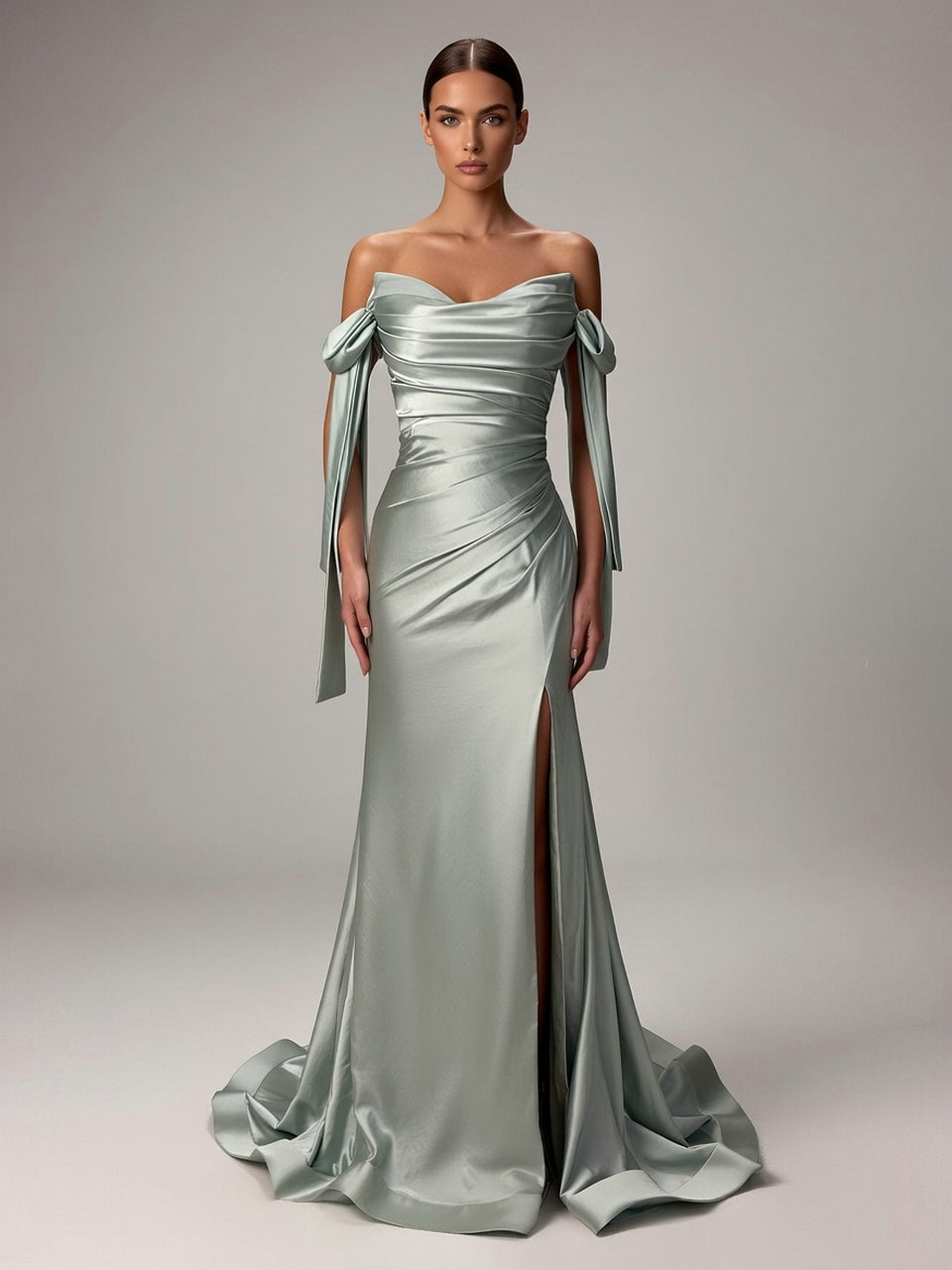 Off-the-Shoulder Blue Satin Evening Gown with Slit & Bow Sleeves MC20043