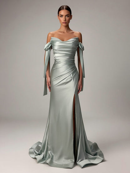 Off-the-Shoulder Blue Satin Evening Gown with Slit & Bow Sleeves MC20043