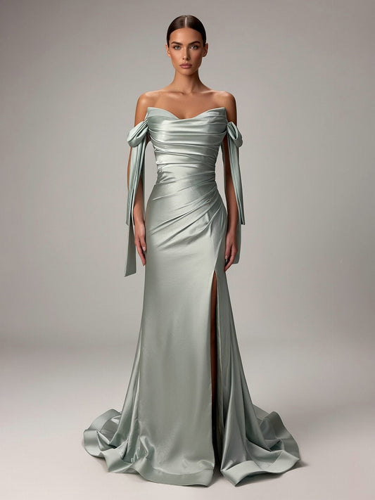 Off-the-Shoulder Blue Satin Evening Gown with Slit & Bow Sleeves MC20043