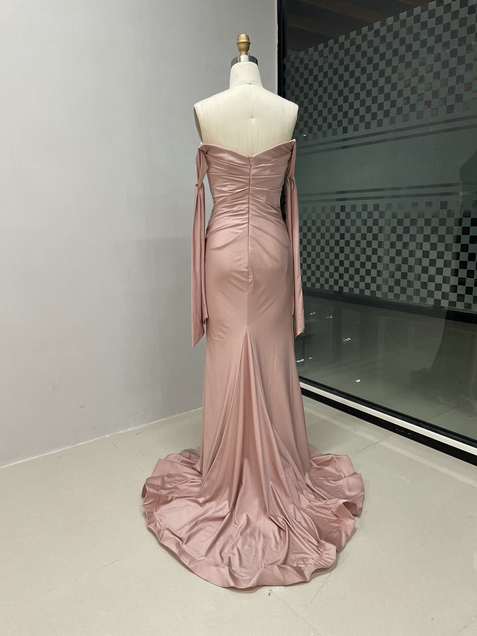 Off-the-Shoulder Blue Satin Evening Gown with Slit & Bow Sleeves MC20043