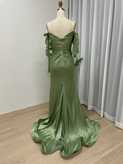 Off-the-Shoulder Blue Satin Evening Gown with Slit & Bow Sleeves MC20043