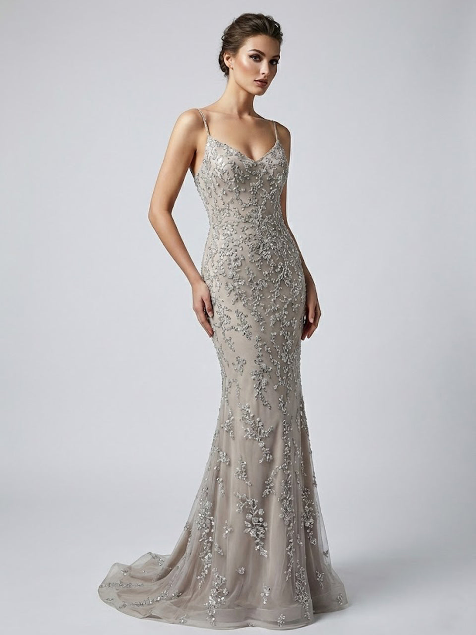 Champagne Beaded Mermaid Evening Gown - Formal Prom Dress MC20046