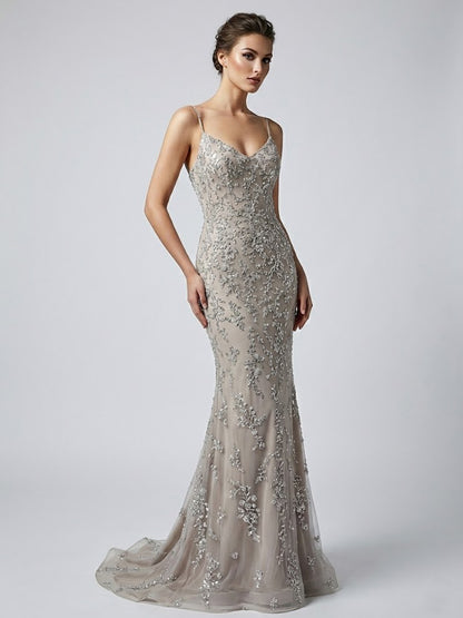 Champagne Beaded Mermaid Evening Gown - Formal Prom Dress MC20046
