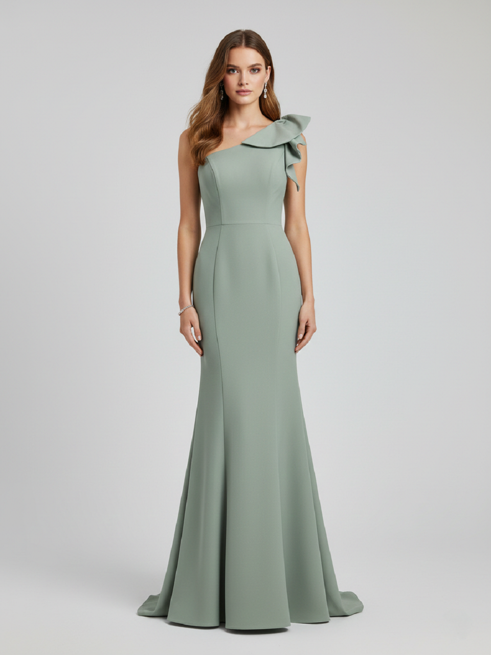 Green One-Shoulder Mermaid Evening Gown - Ruffle Shoulder Formal Dress MC20049
