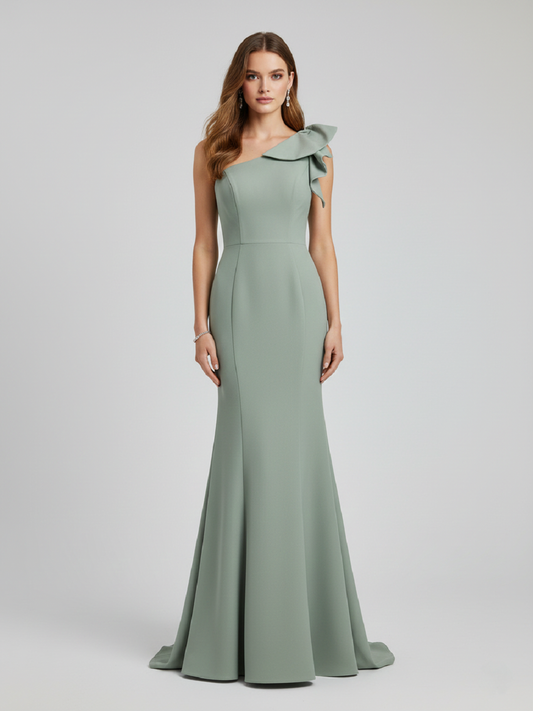 Green One-Shoulder Mermaid Evening Gown - Ruffle Shoulder Formal Dress MC20049