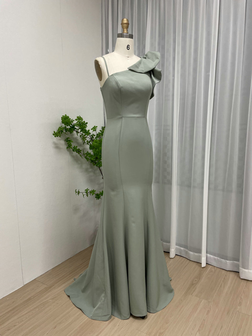 Green One-Shoulder Mermaid Evening Gown - Ruffle Shoulder Formal Dress MC20049