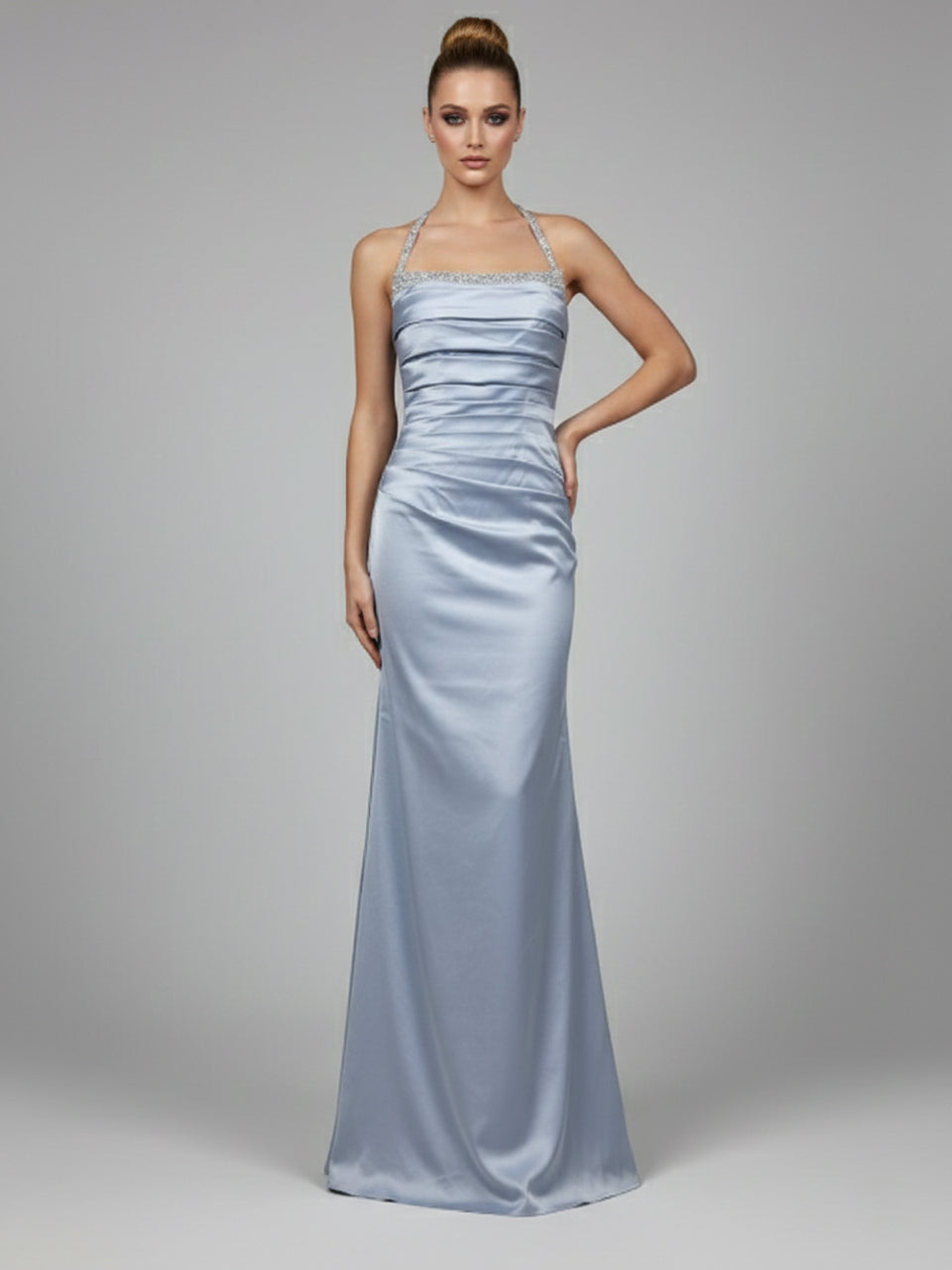 Blue Halter Neck Ruched Satin Formal Gown - Beaded Bodice Floor-Length Evening Dress MC20056