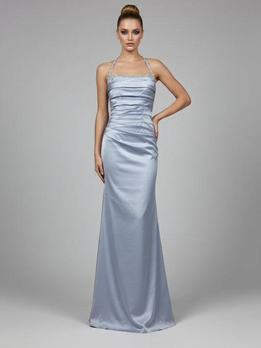 Blue Halter Neck Ruched Satin Formal Gown - Beaded Bodice Floor-Length Evening Dress MC20056