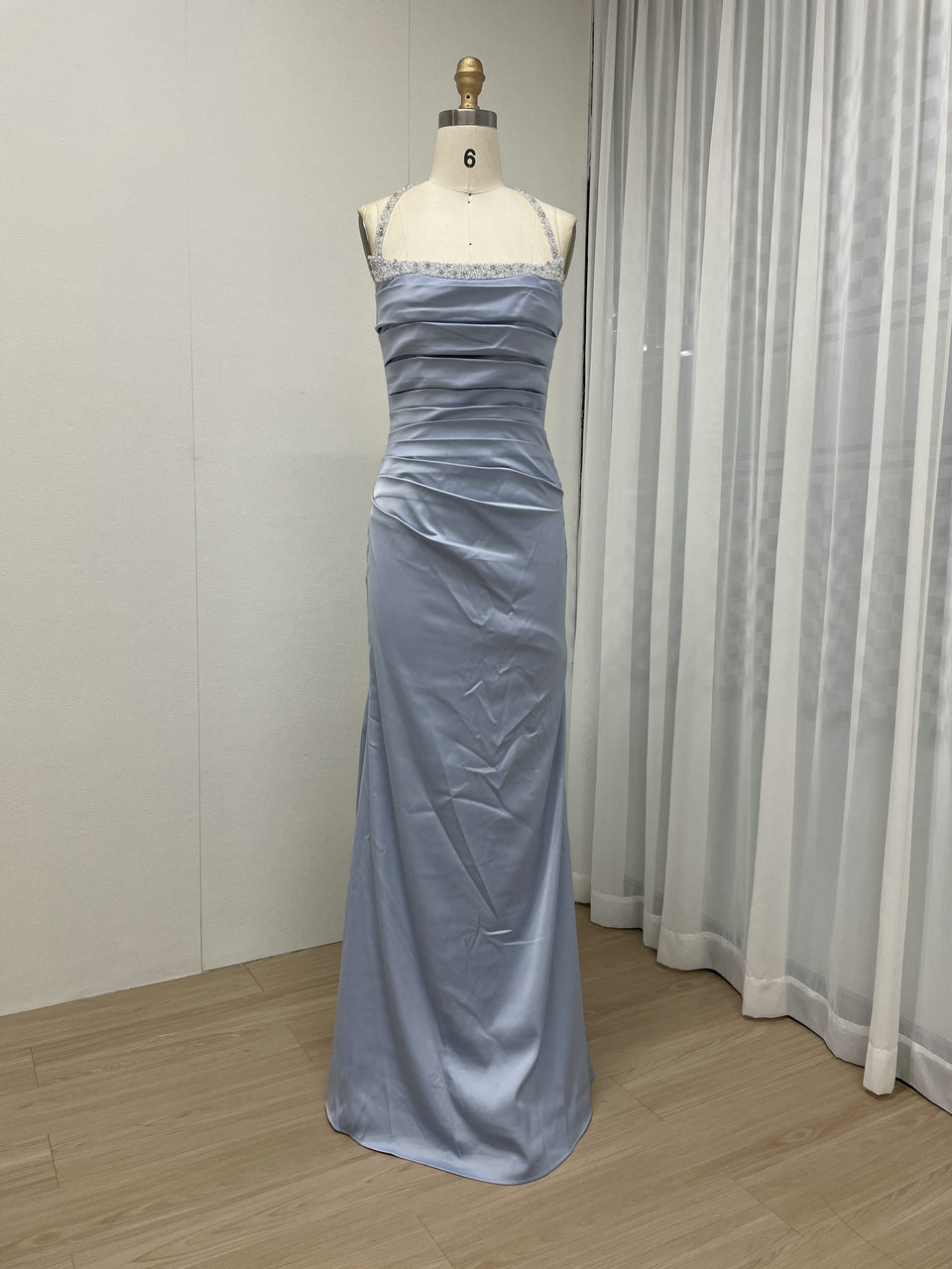 Blue Halter Neck Ruched Satin Formal Gown - Beaded Bodice Floor-Length Evening Dress MC20056