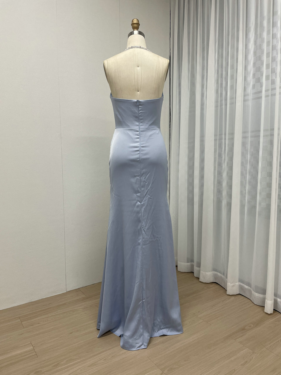 Blue Halter Neck Ruched Satin Formal Gown - Beaded Bodice Floor-Length Evening Dress MC20056