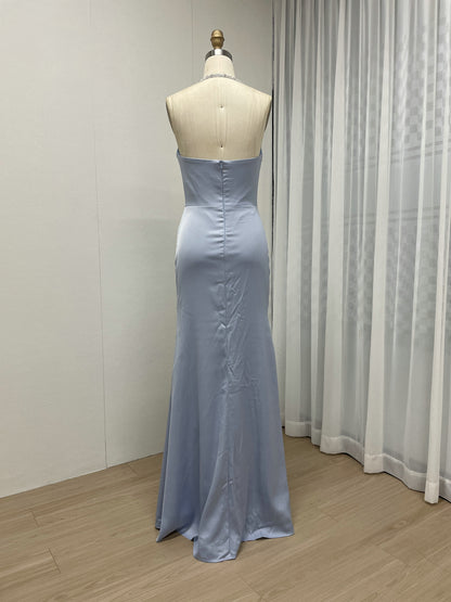 Blue Halter Neck Ruched Satin Formal Gown - Beaded Bodice Floor-Length Evening Dress MC20056