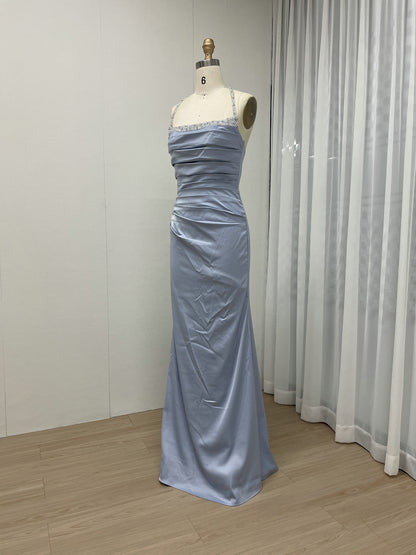 Blue Halter Neck Ruched Satin Formal Gown - Beaded Bodice Floor-Length Evening Dress MC20056