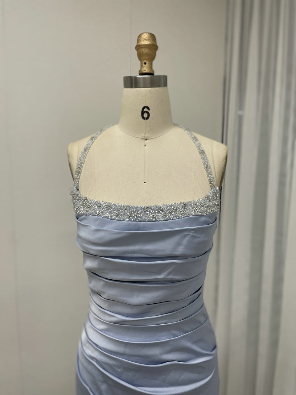 Blue Halter Neck Ruched Satin Formal Gown - Beaded Bodice Floor-Length Evening Dress MC20056