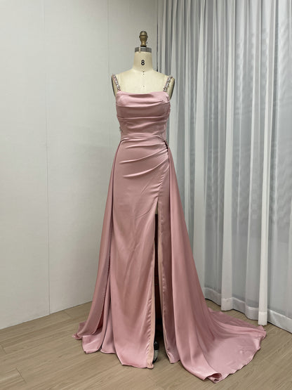 Pink Ruched Satin Prom Dress with High Slit and Rhinestone Straps MC20058