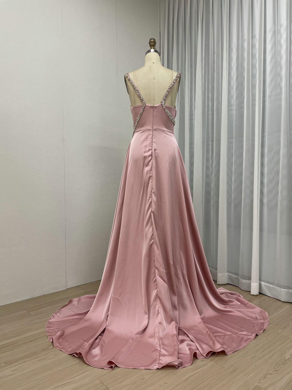 Pink Ruched Satin Prom Dress with High Slit and Rhinestone Straps MC20058