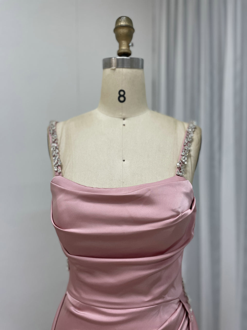 Pink Ruched Satin Prom Dress with High Slit and Rhinestone Straps MC20058