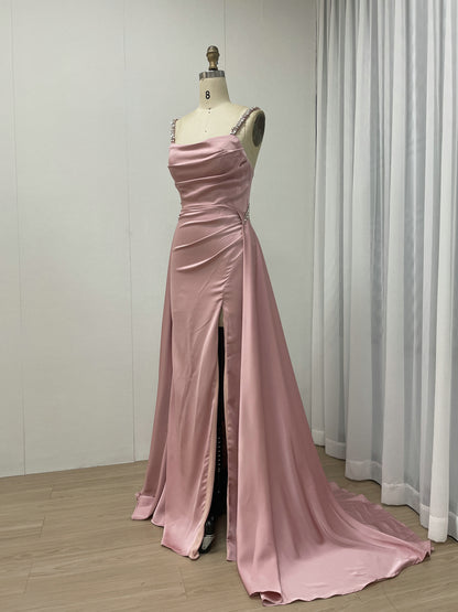 Pink Ruched Satin Prom Dress with High Slit and Rhinestone Straps MC20058