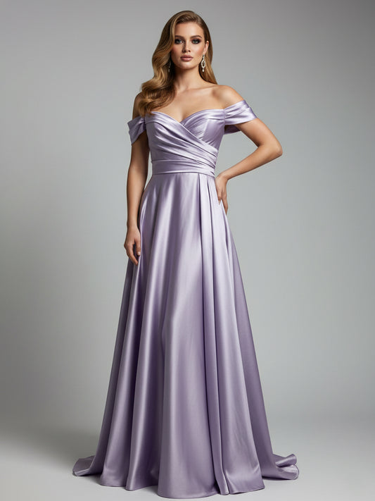 Lavender Off-The-Shoulder Satin A-Line Evening Gown - Pleated Bodice Formal Dress MC20059