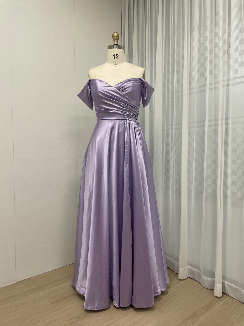 Lavender Off-The-Shoulder Satin A-Line Evening Gown - Pleated Bodice Formal Dress MC20059