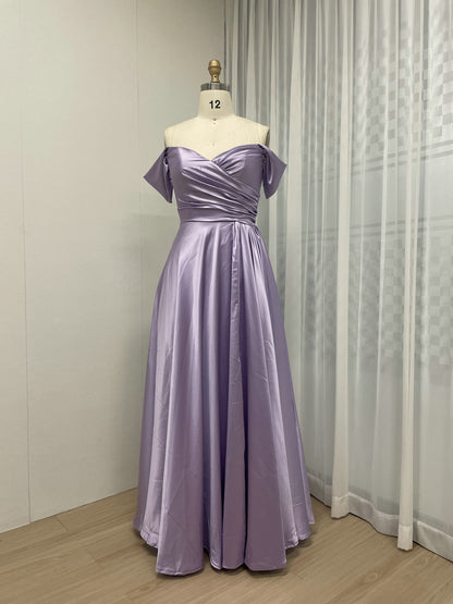 Lavender Off-The-Shoulder Satin A-Line Evening Gown - Pleated Bodice Formal Dress MC20059