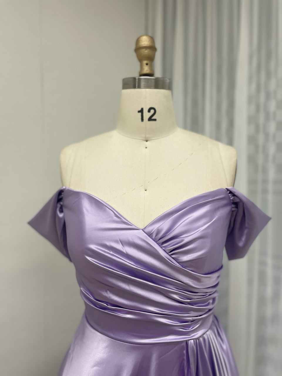 Lavender Off-The-Shoulder Satin A-Line Evening Gown - Pleated Bodice Formal Dress MC20059