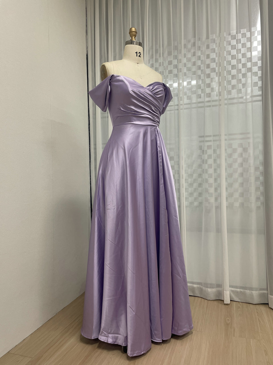 Lavender Off-The-Shoulder Satin A-Line Evening Gown - Pleated Bodice Formal Dress MC20059