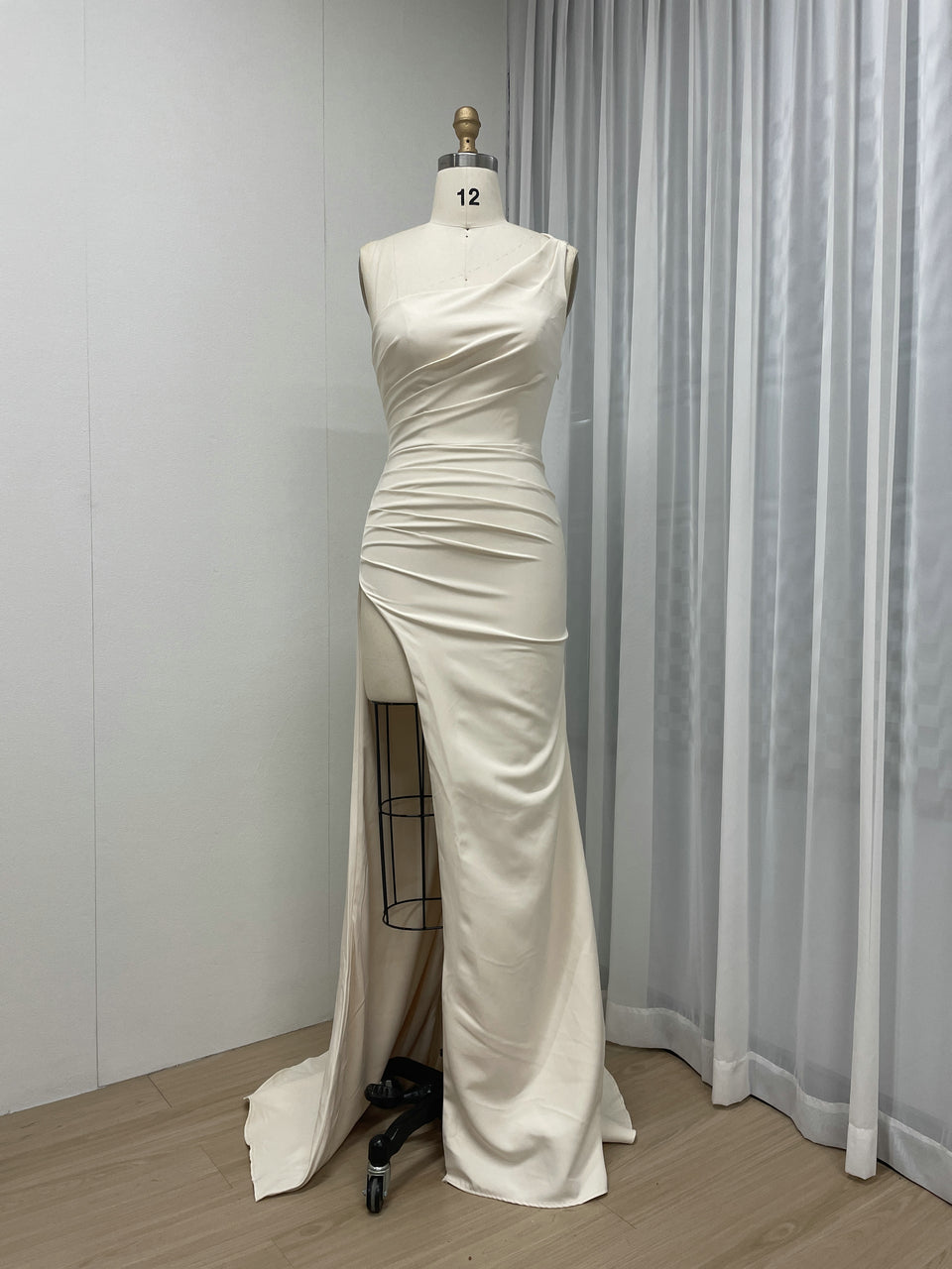 One-Shoulder Ruched Satin Evening Gown - High Slit Formal Dress in Apricot MC20060