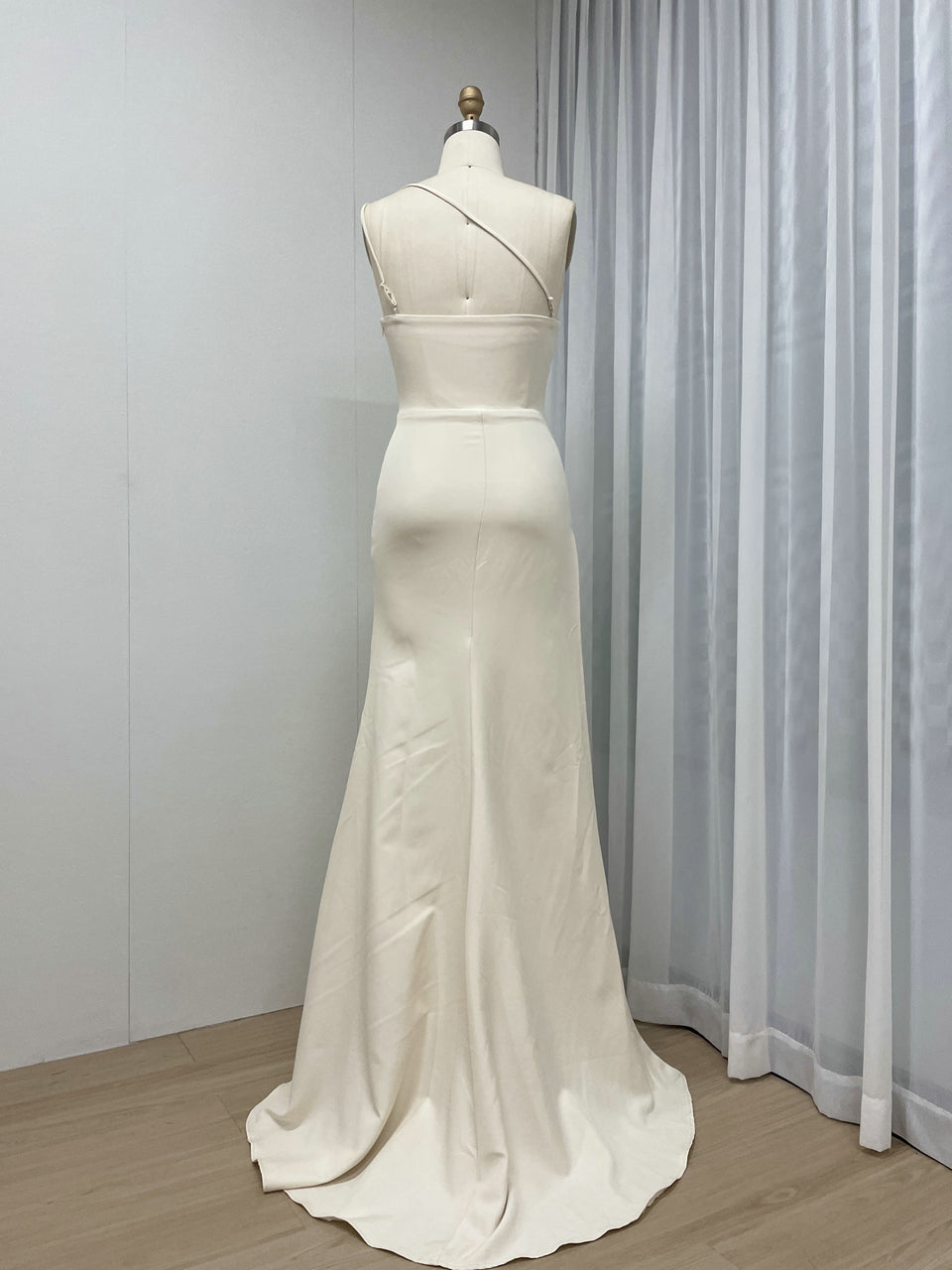 One-Shoulder Ruched Satin Evening Gown - High Slit Formal Dress in Apricot MC20060